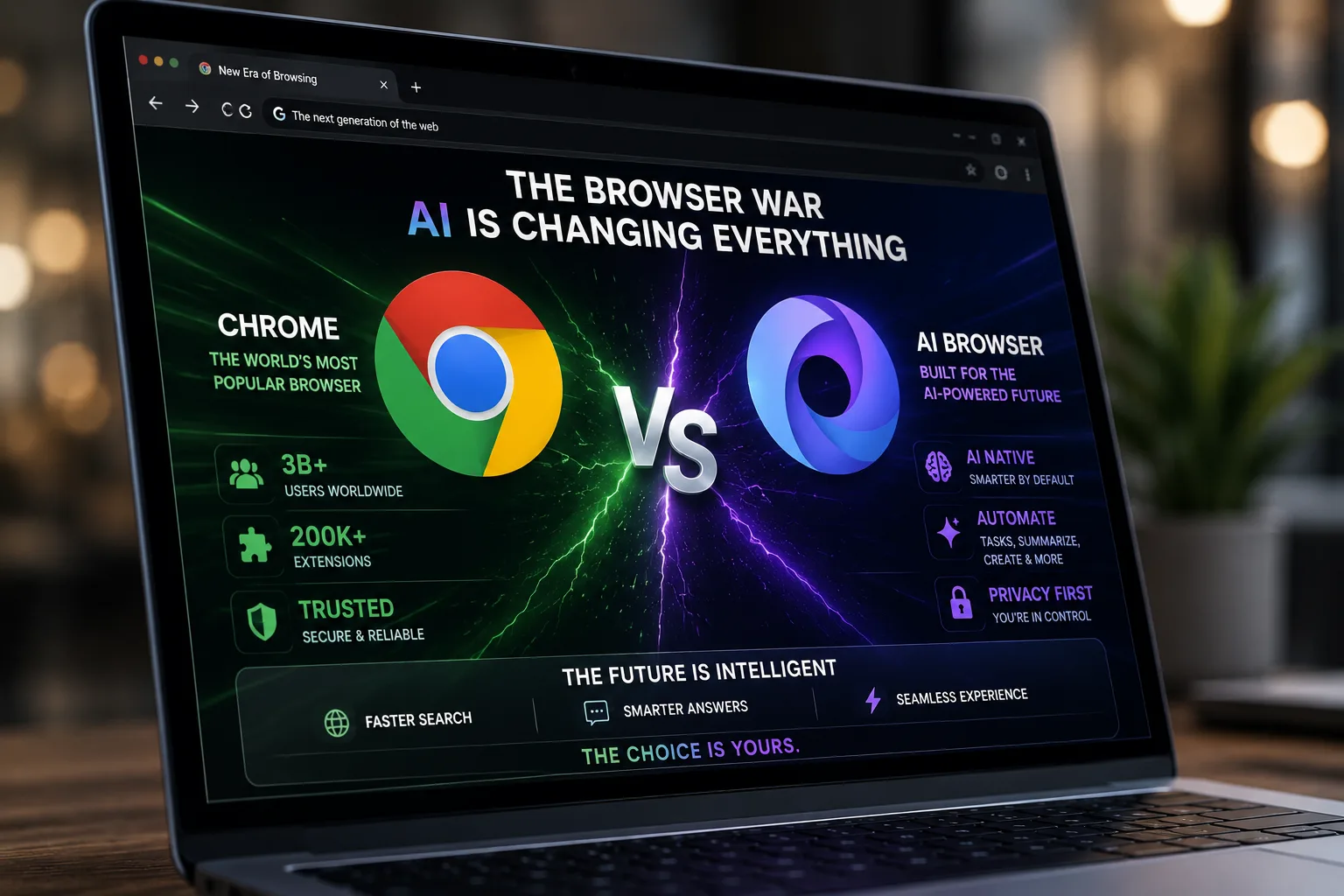 A digital representation of competing browser interfaces, one with a Chrome logo, the other with a new AI browser icon, battling for dominance on a screen.