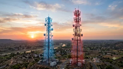 Two telecom towers, one blue for Airtel, one red for Jio, symbolizing network comparison.