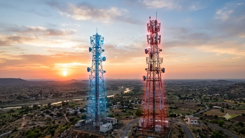 Two telecom towers, one blue for Airtel, one red for Jio, symbolizing network comparison.