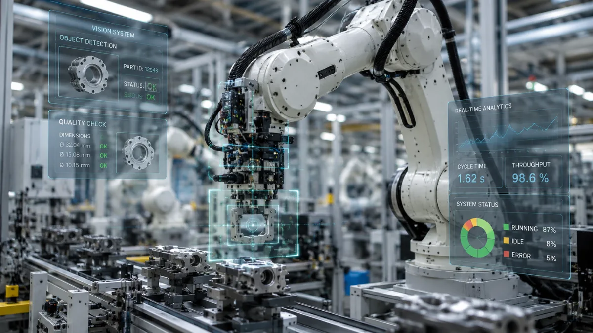 An industrial robot arm on a factory floor with visual AI data overlaid, highlighting new automation technology.