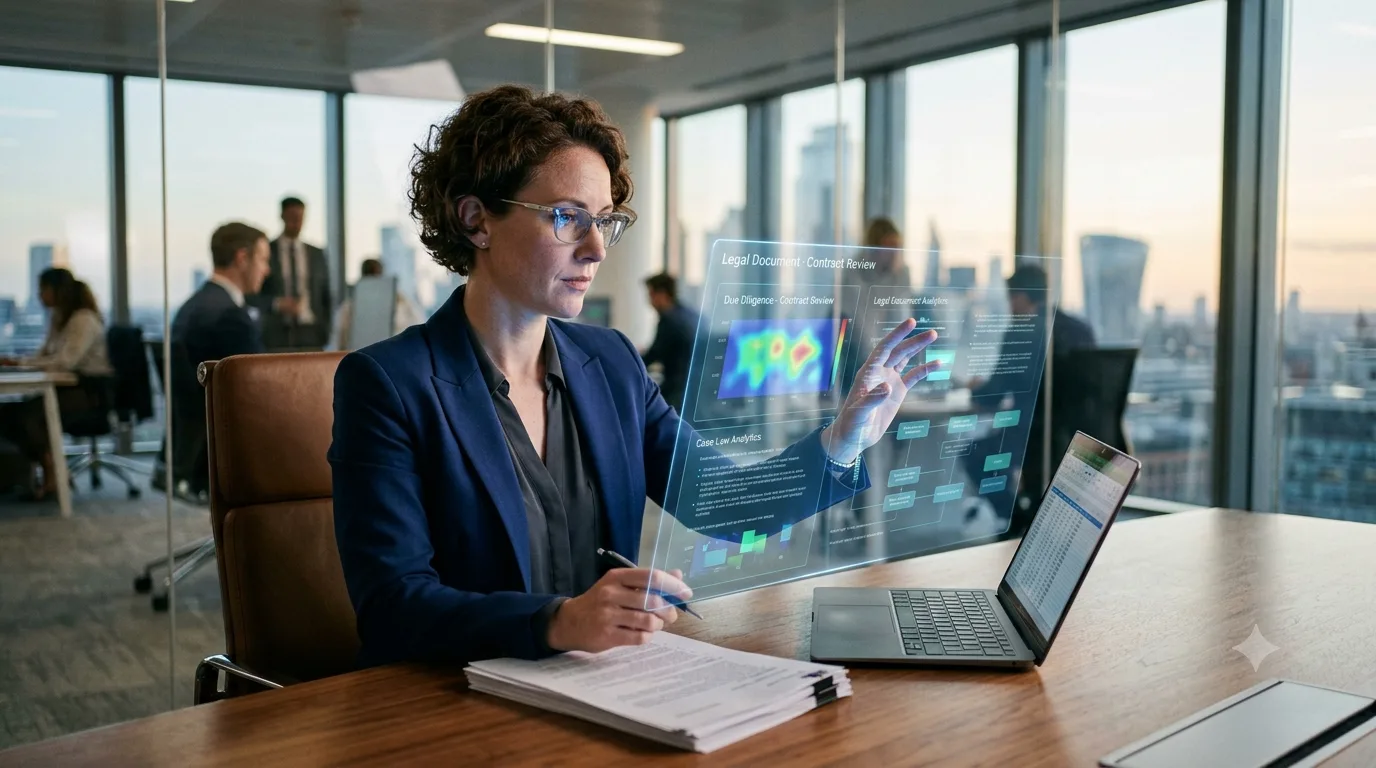Group of diverse legal professionals reviewing holographic AI analysis of legal documents in a modern office.