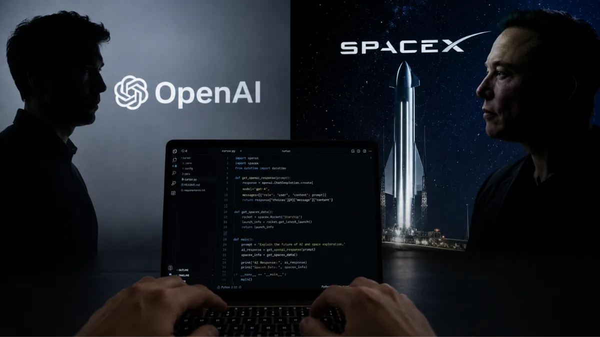 Digital representation of OpenAI and SpaceX logos, with coding lines on a screen, symbolizing the conflict between AI companies.
