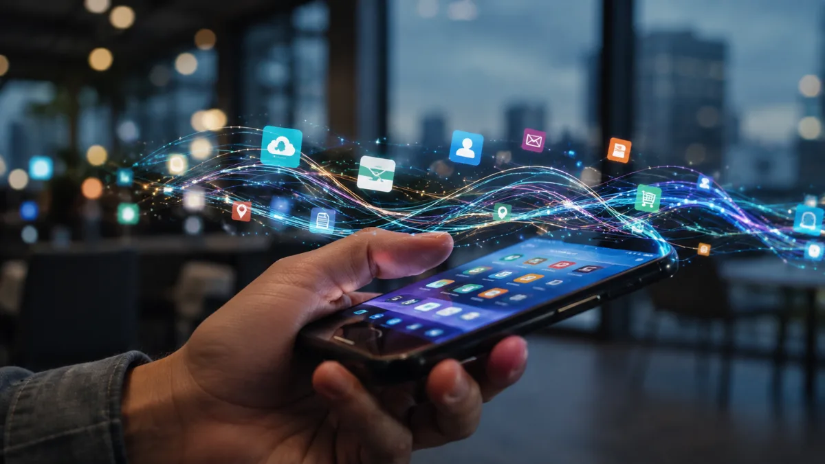 A hand holds a smartphone where AI agents are visually represented as data streams flowing between app icons, illustrating seamless task automation across various applications.