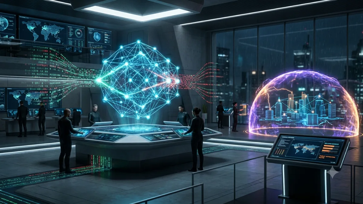 A digital representation of intertwined neural networks, one glowing blue for general AI, another a stark red for cybersecurity, protecting a stylized digital cityscape.