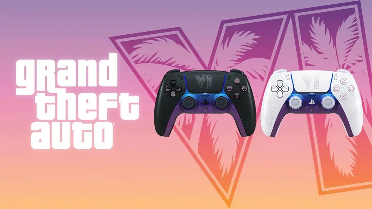 Two limited edition GTA VI DualSense controllers for PS5 in black and white with iridescent finishes.