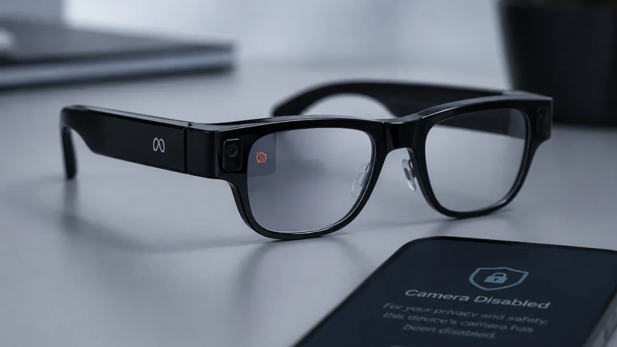 Close-up of sleek smart glasses on a table, with a tiny, obscured recording LED on the frame, symbolizing camera tampering.